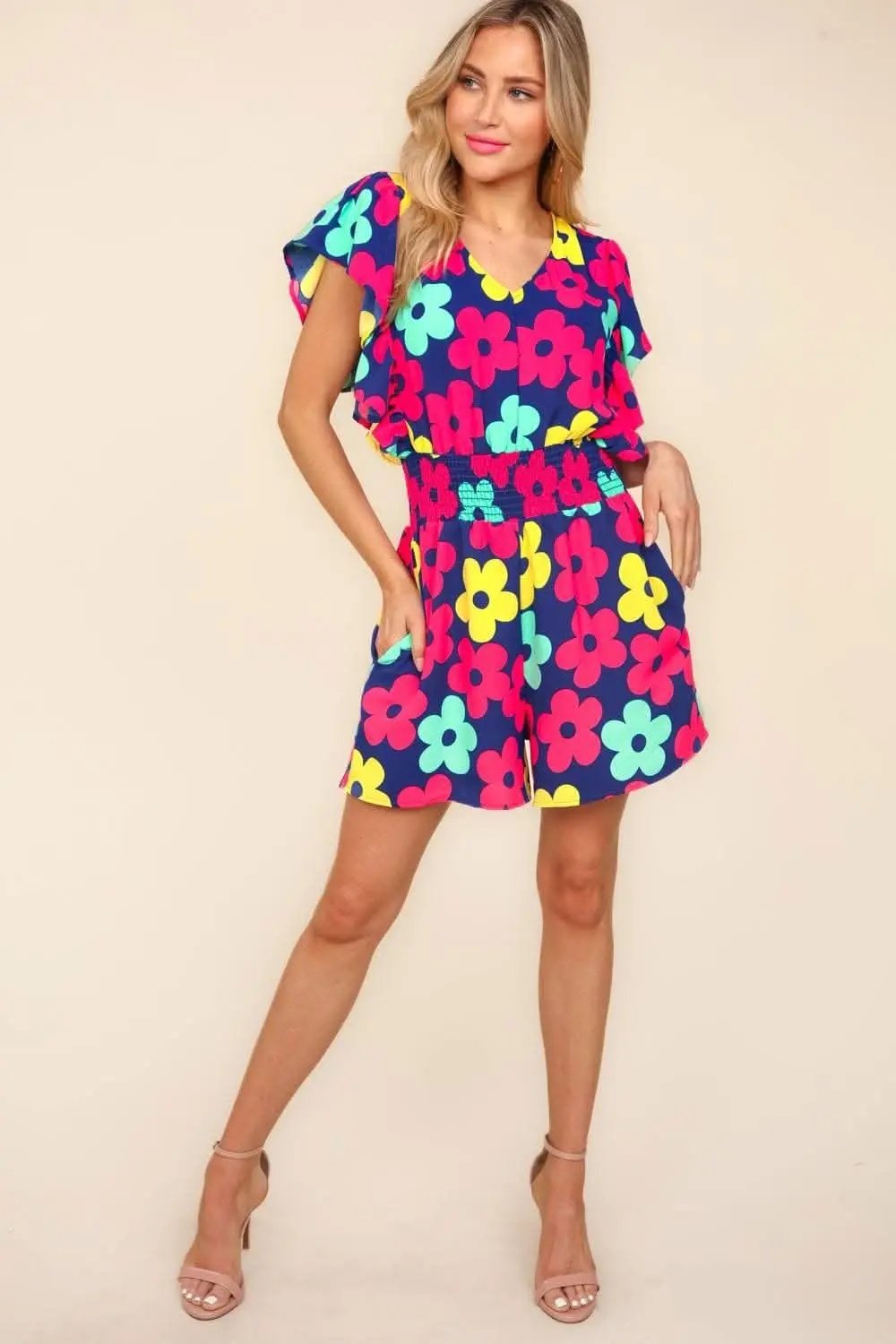 Haptics Floral Smocked Waist Romper with Side Pockets - Love Salve